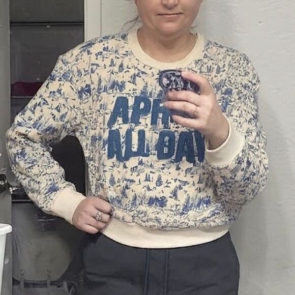 SOLD OUT ◇ Umgee "Apres All Day" Blue Cream Graphic Cropped Sweatshirt  Small - Picture 8 of 9